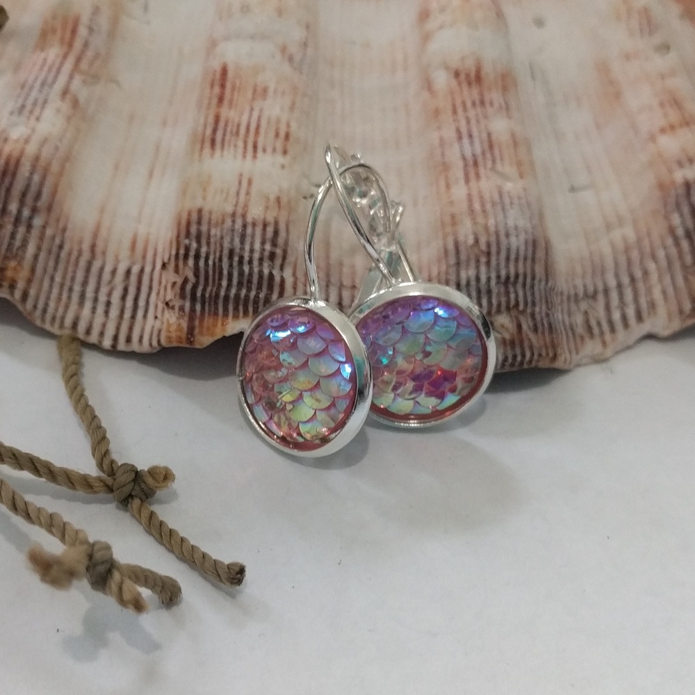 Sterling Silver AB Pink Mermaid Scale Earrings